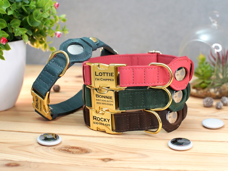 Engraved Leather AirTag Dog Collar, Custom Pet Collars with AirTag Holder, Personalized Dog Collar, GPS Pet Collars, Puppy AirTag Collar image 7