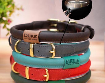 Personalized Leather Dog Collars with Reflective Tape, Custom Rope Dog Collar, Engraved Round Pet Collar, Glow in Dark Collars