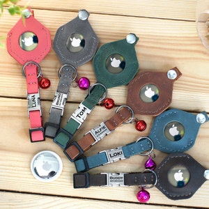 Custom Leather Air Tag Cat Collar, Personalized Cat Collars with Reliable Airtag Holder, Engraved AirTag Kitten Collar, GPS Puppy Collars