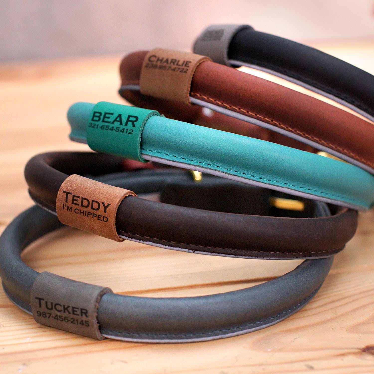 Reflective Leather Dog Collar, Personalized Rolled Dog Collars, Rope Dog Collar with Name ID Tag, Pet Collar Small Large, Round Dog Collar