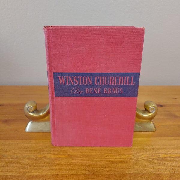 Winston Churchill a Biography, Rene Kraus, 1942 2nd edition enlarged, Lippincott, ex-library, vintage red book, illustrated