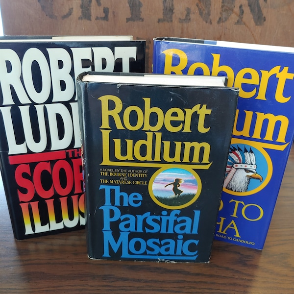 Robert Ludlum The Parsifal Mosaic Scorpio Illusion Road to Omaha lot of 3 books HC/DJ action thrillers best-sellers staging shelf decor