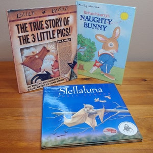 Lot of 3 Classic Children&#39;s Picture Books, Naughty Bunny, Scarry, Stellaluna, Cannon, The Story of 3 Little Pigs by A. Wolf, Szcieska HC/DJ