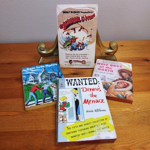 Vintage Children&#39;s Book Lot of 4 paperback books, 1950&#39;s, Dennis Menace, Green Turtle Mystery, Snowball Express, Pocket Book Jr, TAB, SBS