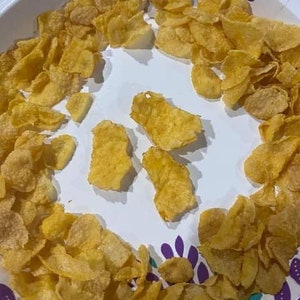 Puede incluir: Un plato de papel blanco con un diseño floral morado y turquesa está lleno de copos de cereal de color marrón dorado.