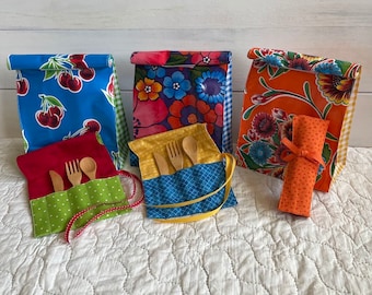 Oilcloth Lunch Bag, Reusable Bamboo Cutlery + Utensil Pouch