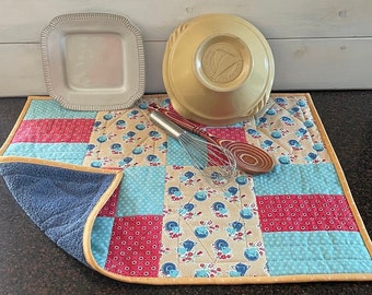 Retro Print Dish Drying Mat with Terry Cloth Back | Dishwashing Essential