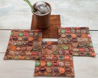 Bottle Top Quilted Coasters | Reusable Set of 4 Vintage Soda Cocktail Napkins | 100% Cotton