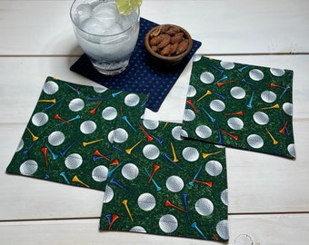 Quilted Coasters | Golf Cocktail Napkins | Reusable Set of 4 | 100% Cotton