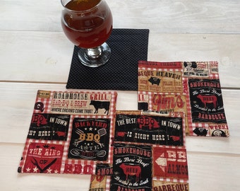 BBQ Quilted Coasters | Reusable Cloth Napkin Set of 4 | 100% Cotton