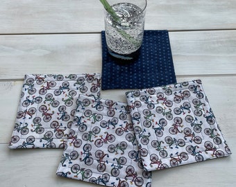 Vintage Bicycle Cotton Coasters | Quilted Coasters | Reusable Set of 4