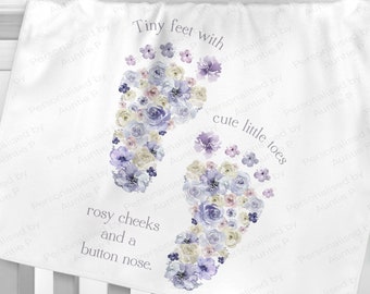 Personalised Baby Blanket, Purple/Pink Floral Footprints, Newborn, Baby Shower,Baby Gift Blanket, Personalised, Super Soft, Pram Blanket