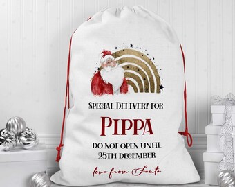 Gepersonaliseerde kerst kerstzak - gepersonaliseerde kerstman zak - santa regenboog geschenk tas - gepersonaliseerde kerst speelgoed zak - speciale levering