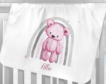 Personalised Baby Blanket, Pink Rainbow Bear, Newborn, Baby Shower,Baby Gift Blanket, Personalised, Super Soft, Pram Blanket