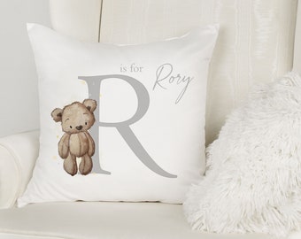 Brown Teddy Bear | Initial Alphabet Nursery Pillow | Custom Personalised Pillow Cushion Gift | Baby Shower Gift | New Baby Gift