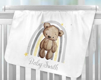Personalised Baby Blanket, Brown Rainbow Bear, Newborn Gift, Baby Shower,Baby Blanket Gift,Personalised, Super Soft, Pram Blanket