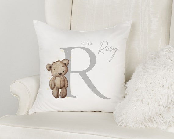 Brown Teddy Bear | Initial Alphabet Nursery Pillow | Custom Personalised Pillow Cushion Gift | Baby Shower Gift | New Baby Gift