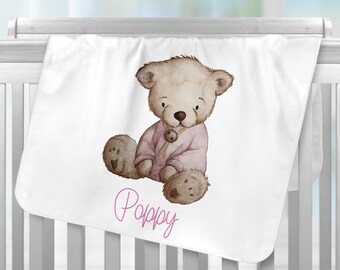 Personalised Baby Blanket, Pink Bear, Newborn, Baby Shower,Baby Gift Blanket, Personalised, Super Soft, Pram Blanket