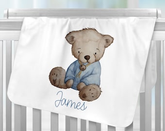 Personalised Baby Blanket, Blue Bear, Newborn, Baby Shower,Baby Gift Blanket, Personalised, Super Soft, Pram Blanket