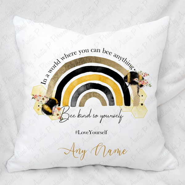 Personalised Bee Rainbow Cushion | Floral Bee Rainbow Cushion Gift, Birthday Gift, Inspirational Gift, Named Cushion | Bee Lover Gift