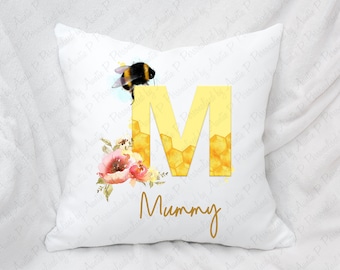 Personalised Bee Initial Cushion ,Personalised Pillow Gift, Gift For Mum, Bee Lover Cushion, Named Cushion, Floral Honey Bee Gift
