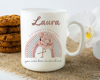 Taza de flamenco personalizada / Taza floral de animales / Regalo de los amantes de los flamencos / Taza de arco iris