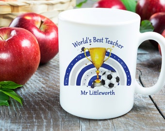 Personalised Teacher, Tutor, Teaching Assistant, Rainbow Football Mug | Leaving Present | Teacher Appreciation | End Of Term Gift