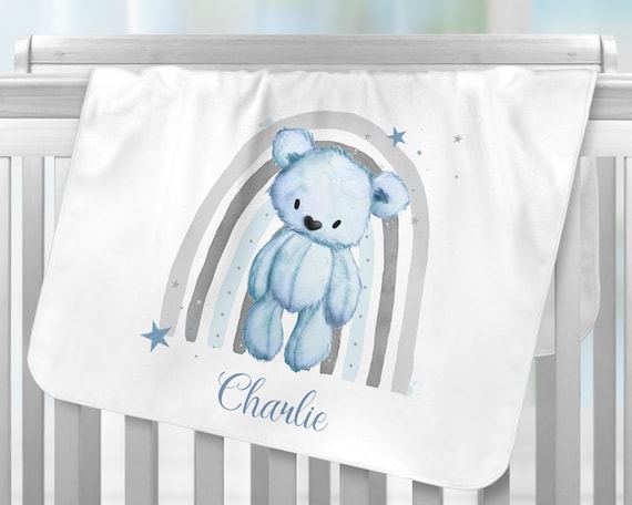 Personalised Baby Blanket Blue Rainbow Bear Newborn Baby Shower baby Gift Blanket Personalised Super Soft Pram Blanket Etsy