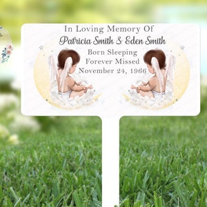 Personalised Twin Grave Marker | Angel Cherubs Sat On A Moon  | Multiple Baby Loss | Grave Décor | Remembrance Plaque | Miscarriage Gift
