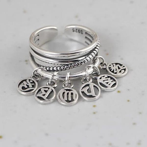 Ring  Sterling Silver S925 Six Words mantra om mani padme hum pure body speech mind remove negative vibes 076