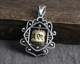 Necklace 925 Silver Six Words Tibetan Prayer Wheel om mani padme hum healing meditation bring good luck ward off worry positive vibes 090