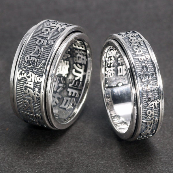 Spinner Ring 925 Silver Six Words mantra om mani padme hum spin for healing meditation bring good luck remove karma negative vibes 075