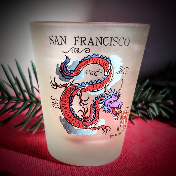 Vintage collectible San Francisco shot glass, frosted glass with dragon. Chinatown. Dated 1997. Free shipping.