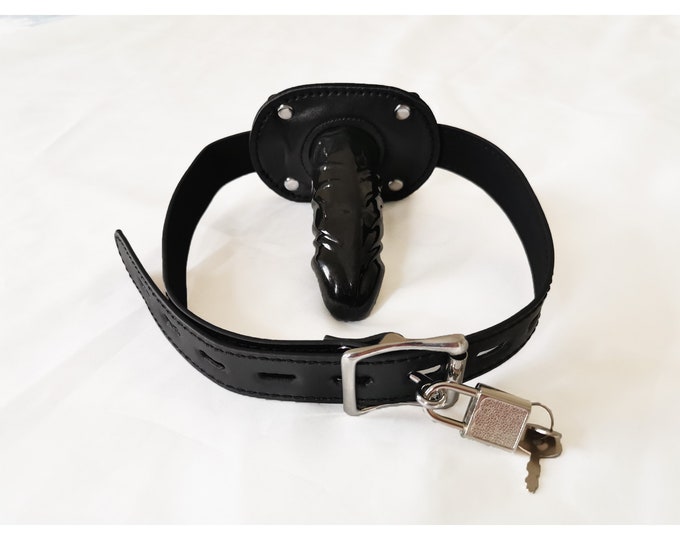 Gag Submissive/leather Locking Black Penis Gag With Rubber - Etsy