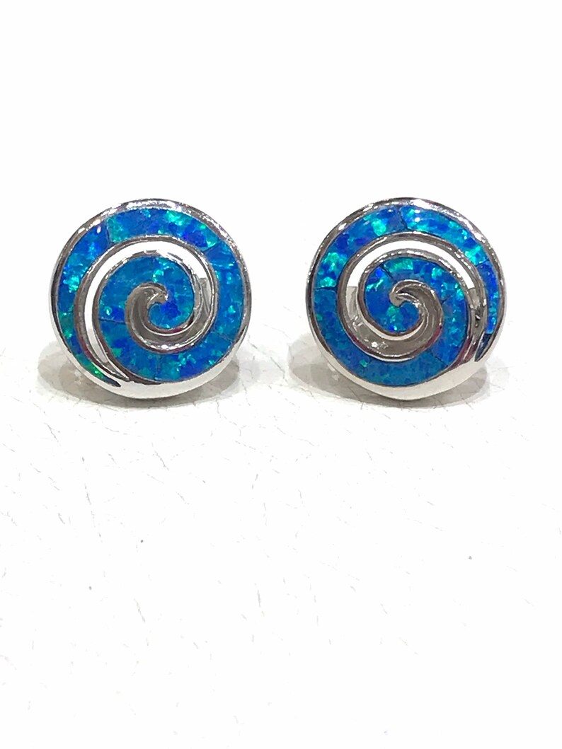 Blue opal stud earrings in sterling silver 925 with Greek design