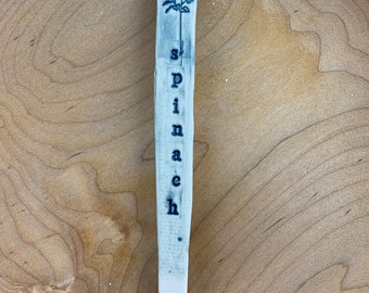 Garden stake, "spinach" stamped with blue glaze