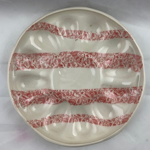 Deviled egg tray, red eggs, bunnies, and chickens on white, glossy. Easter pattern. Holds 12 eggs.