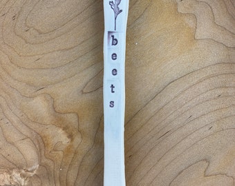 Garden stake, "beets" stamped with lavender glaze