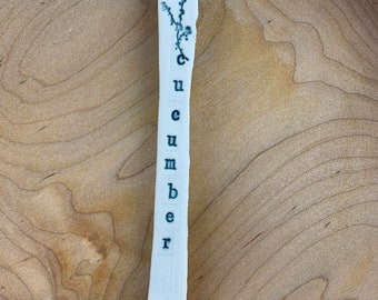 Garden stake, "cucumber" stamped with blue glaze