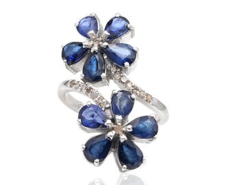 Blauer Saphir Diamant Blumen Ring: Sterling Silber September Geburtsstein