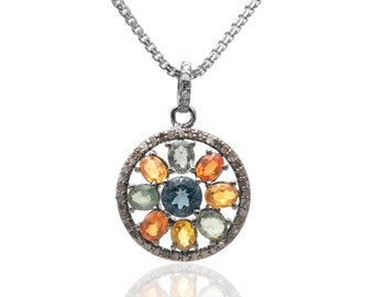 London Topaz Sapphire Diamond Pendant: Sterling Silver Floral Necklace