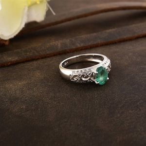 Filigree Emerald Diamond Ring: Sterling Silver Oval Gemstone