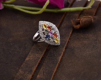 Natural Genuine Multi-Sapphire and Real Diamond Studded Leaf Design Silver Ring|Multi-Stone Leaf Design Ring For Women|Sapphire Wedding Ring