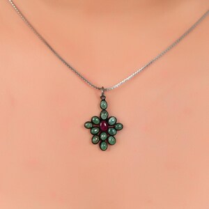 Emerald & Ruby Sterling Silver Pendant Necklace: Victorian Style