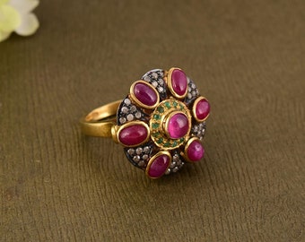 Viktorianischer Rubin Diamant Ring: Sterlingsilber 18k vergoldet