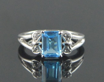 Swiss Blue Topaz Sterling Silver Ring: Emerald Cut Gemstone