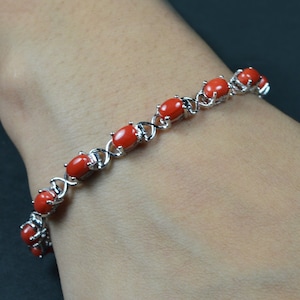 Natural Coral Sterling Silver Bracelet: Handmade 7 inch Jewelry
