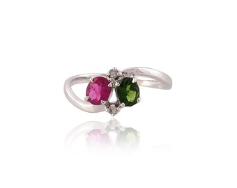 Natural Genuine Green Tourmaline, Ruby, And Real Diamond Studded Silver Ring| Real Ruby Dainty Silver Ring| Green Tourmaline Minimalist Ring