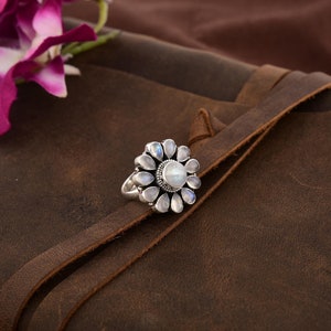 Rainbow Moonstone Floral Ring: Sterling Silver Flower Design