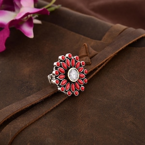 Natural Coral Flower Ring : Cubic Zirconia Sterling Silver Floral Design